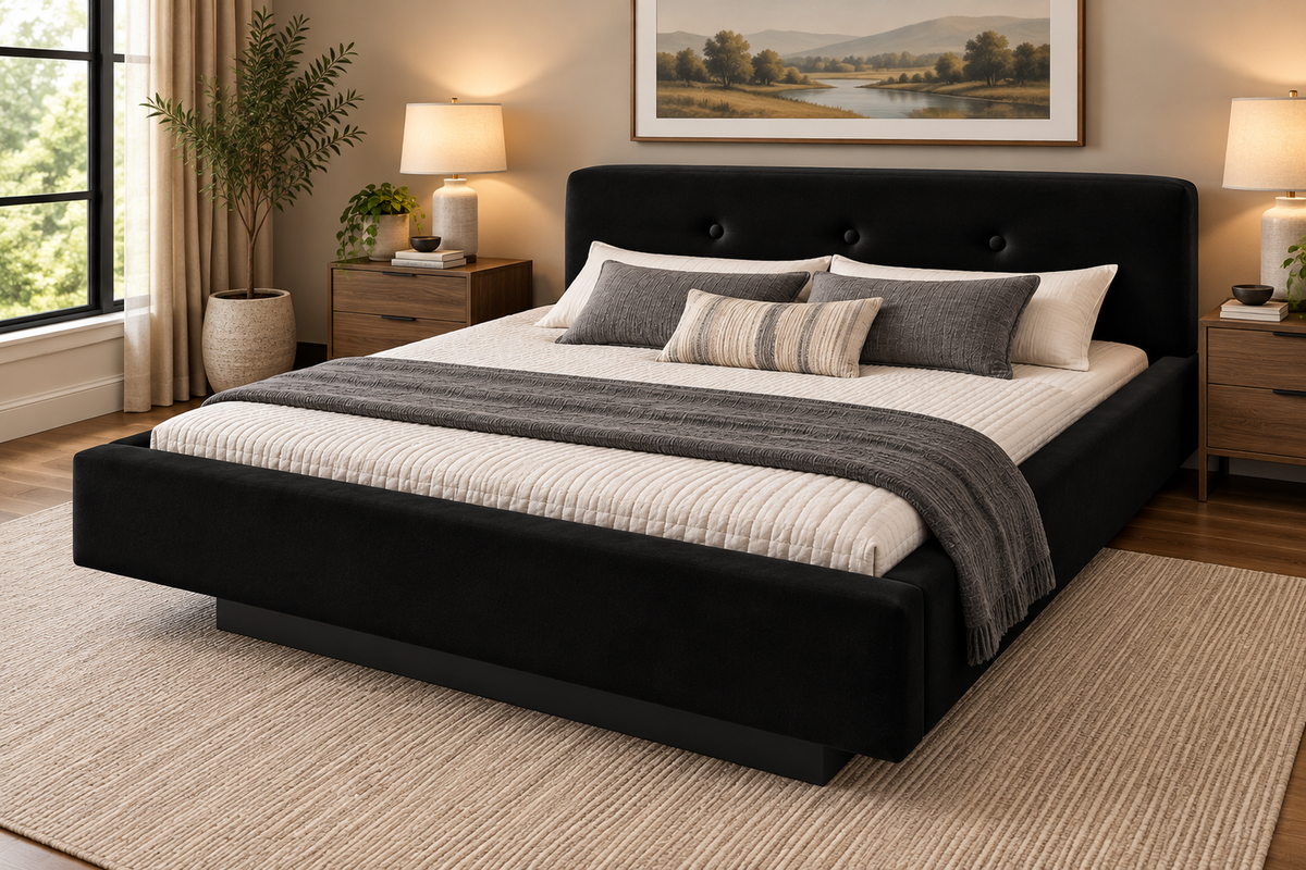 Potenza Complete Waterbed Padded Fabric with Large Tufted Flat Headboard