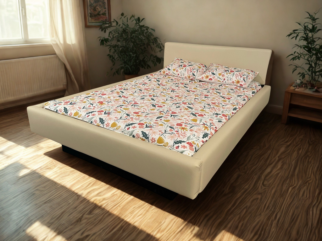 Photo of complete padded hardside waterbed ivory faux leather with large flat headboard
