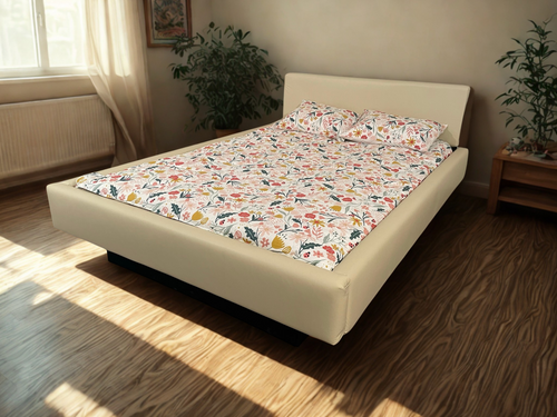 Photo of complete padded hardside waterbed ivory faux leather with large flat headboard