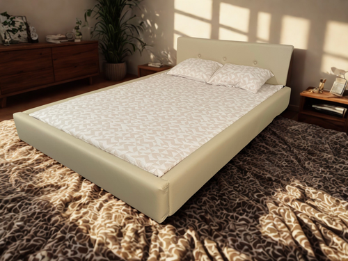 Photo of complete padded hardside waterbed  fabric with large tufted angled headboard