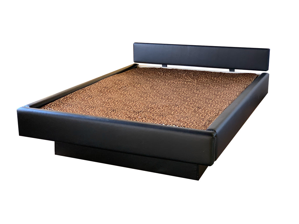 Photo of complete padded hardside waterbed black faux leather with flat headboard