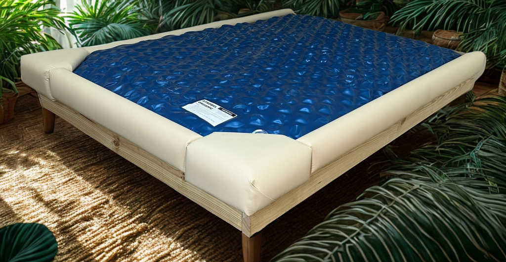 Photo of 5-Piece  JUMBO Padded Rail Caps on wood frame waterbed