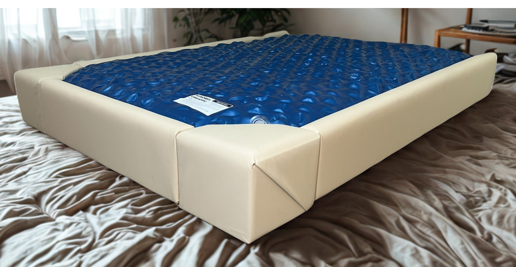 Photo of 5-Piece  COVERALL Padded Rail Caps on wood frame waterbed